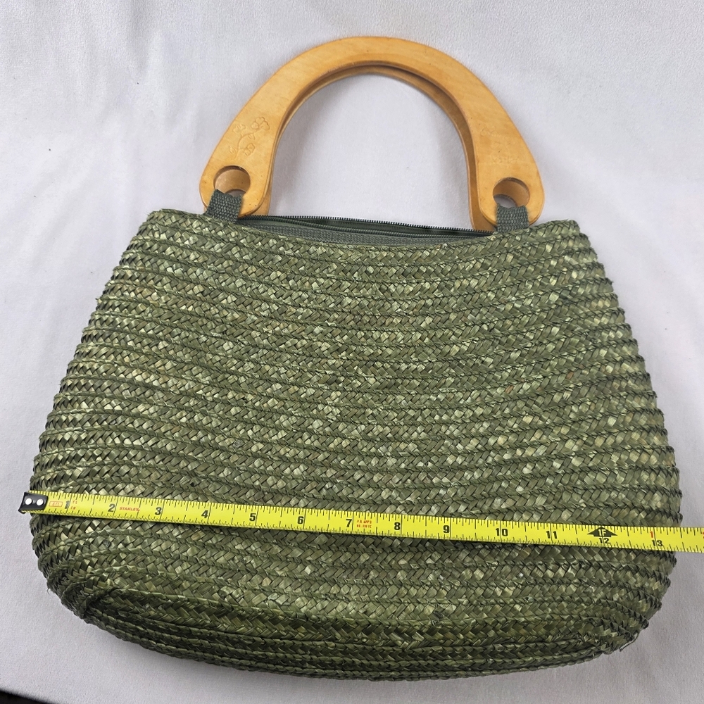 Vintage Green Straw Hanbag With Etched Wooden Handles Grannycore - Picture 6 of 8